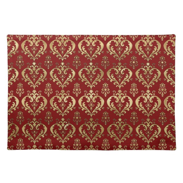 Elegant Red and Gold Hearts Valentine's Damask Cloth Placemat (Front)