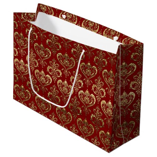 Elegant Red and Gold Hearts Valentines Damask Large Gift Bag