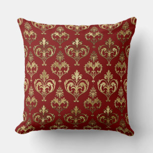 Elegant Red and Gold Hearts Valentine's Damask Throw Pillow