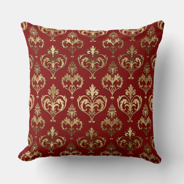 Elegant Red and Gold Hearts Valentine's Damask Throw Pillow (Front)