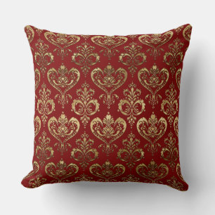 Elegant Red and Gold Hearts Valentine's Damask Throw Pillow