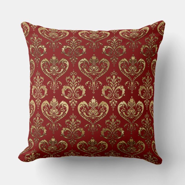 Elegant Red and Gold Hearts Valentine's Damask Throw Pillow (Front)