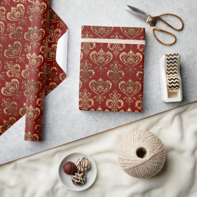 Elegant Red and Gold Hearts Valentine's Damask Wrapping Paper (Crafts)