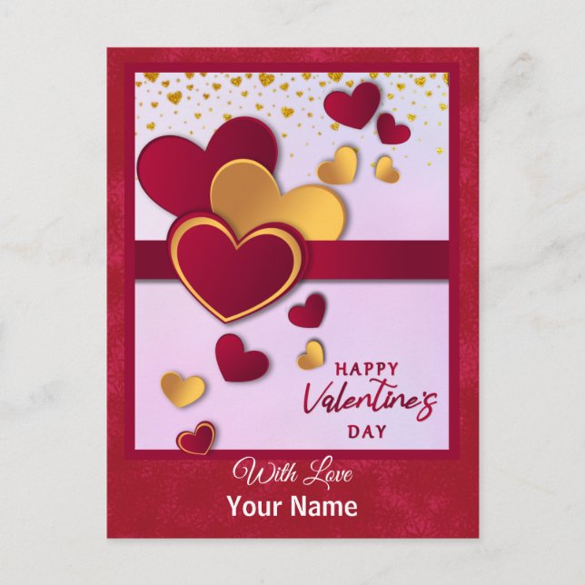 Elegant Red and Gold Hearts Valentine's Day Design Holiday Postcard (Front)