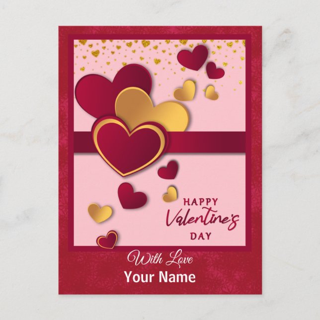 Elegant Red and Gold Hearts Valentine's Day Design Holiday Postcard (Front)