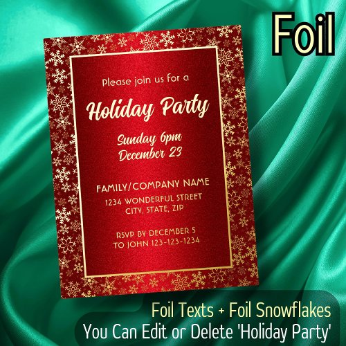 Elegant red and gold Holiday Party Christmas Party Foil Invitation Postcard