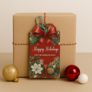 Elegant Red and Gold Holiday Wreath Gift Tags