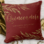 Elegant Red and Gold Leaf Personalized Quinceanera Throw Pillow<br><div class="desc">Red and Gold Quinceanera pillow which you can customize with the Quinceañera's name, as well as her birthday or event date, if you wish. The design is red and gold with fine line drawn leaves and solid gold leaf foliage. Please browse my Gold Leaf Quinceanera collection or message me for...</div>