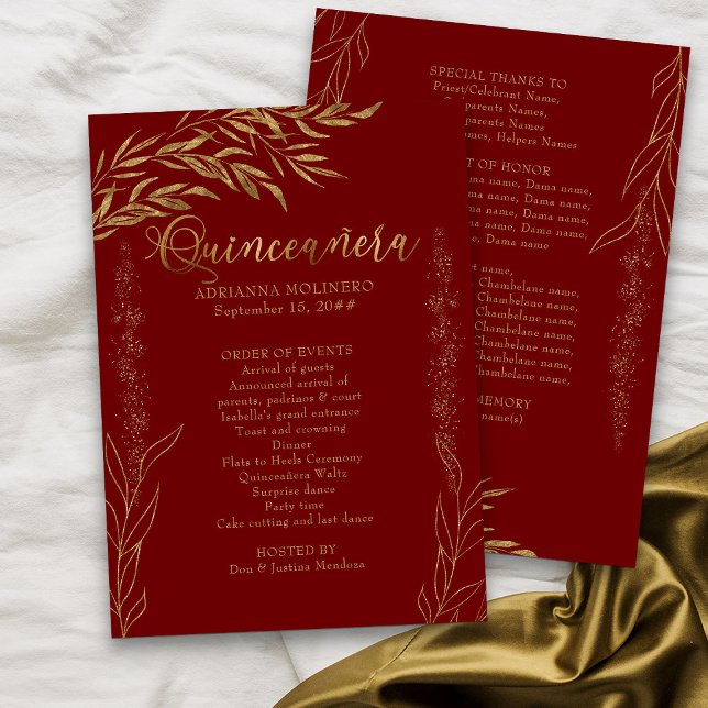 Elegant Red and Gold Leaf Quinceanera Program (Red Program from my Gold Leaf Quinceanera Collection)