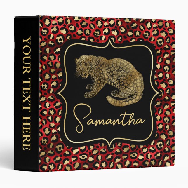 Elegant Red and Gold Leopard and Spots Pattern 3 Ring Binder (Front/Spine)