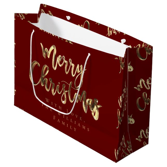 Elegant Red and Gold Look Script Merry Christmas Large Gift Bag (Front Angled)