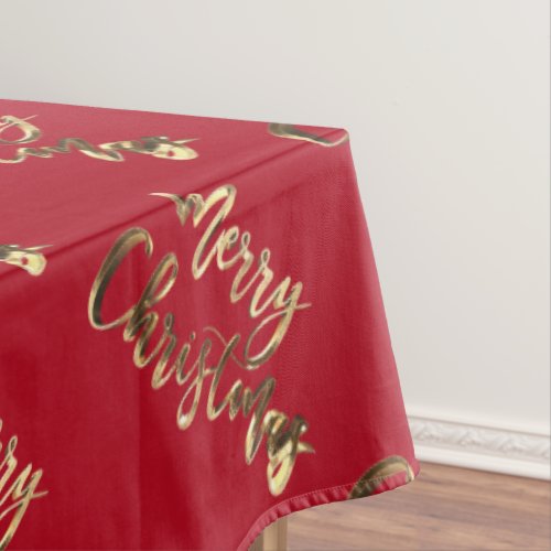 Elegant Red and Gold Look Script Merry Christmas Tablecloth
