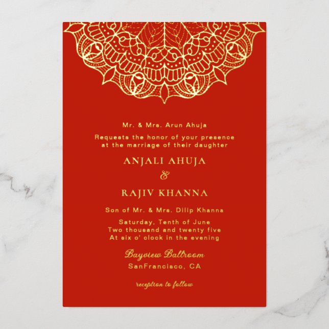 Elegant Red and Gold Mandala  Indian wedding  Foil Invitation (Front)