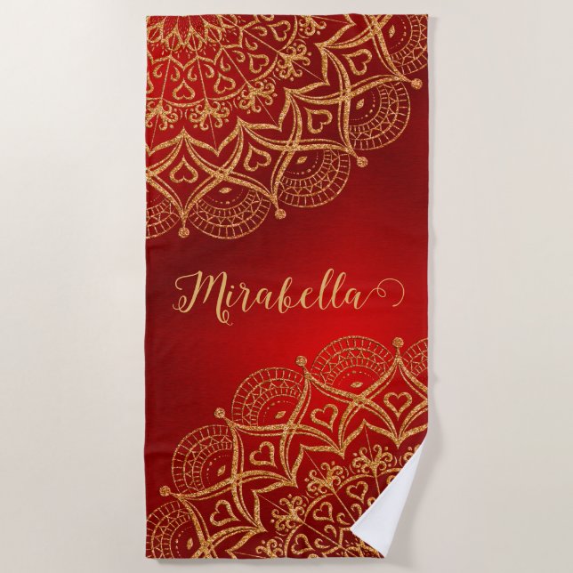 Elegant Red and Gold Mandala Monogrammed Beach Towel (Front)