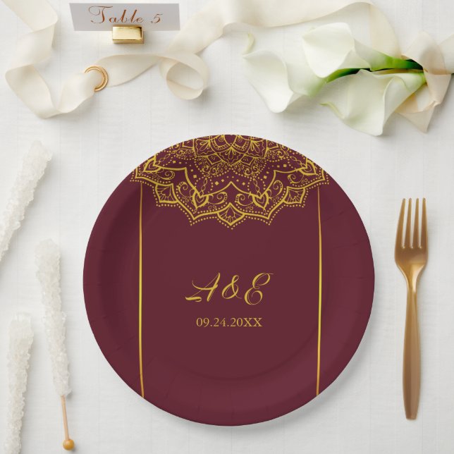 Elegant Red And Gold Mandala Wedding Paper Plates (Wedding)