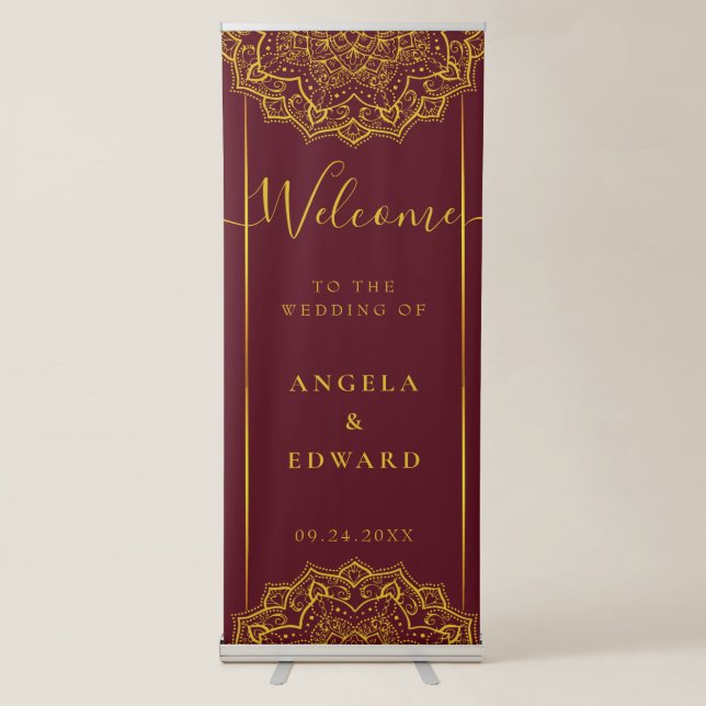 Elegant Red And Gold Mandala Wedding Welcome   Retractable Banner (Front)