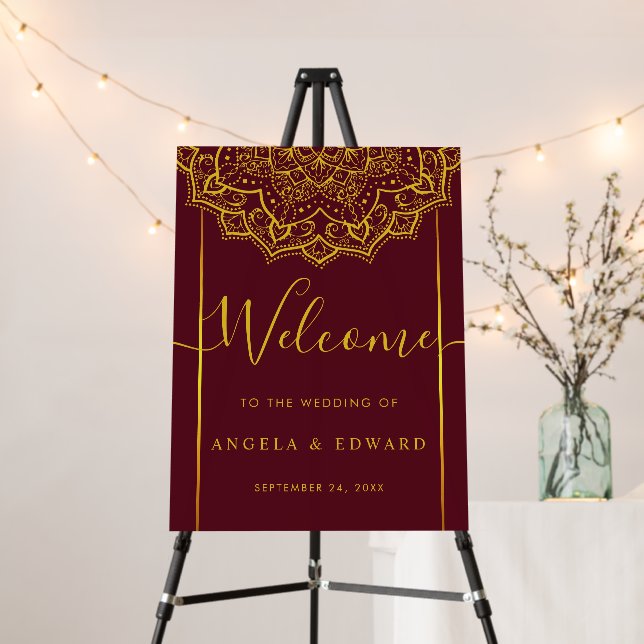 Elegant Red And Gold Mandala Wedding Welcome Sign (In Situ (Stand))