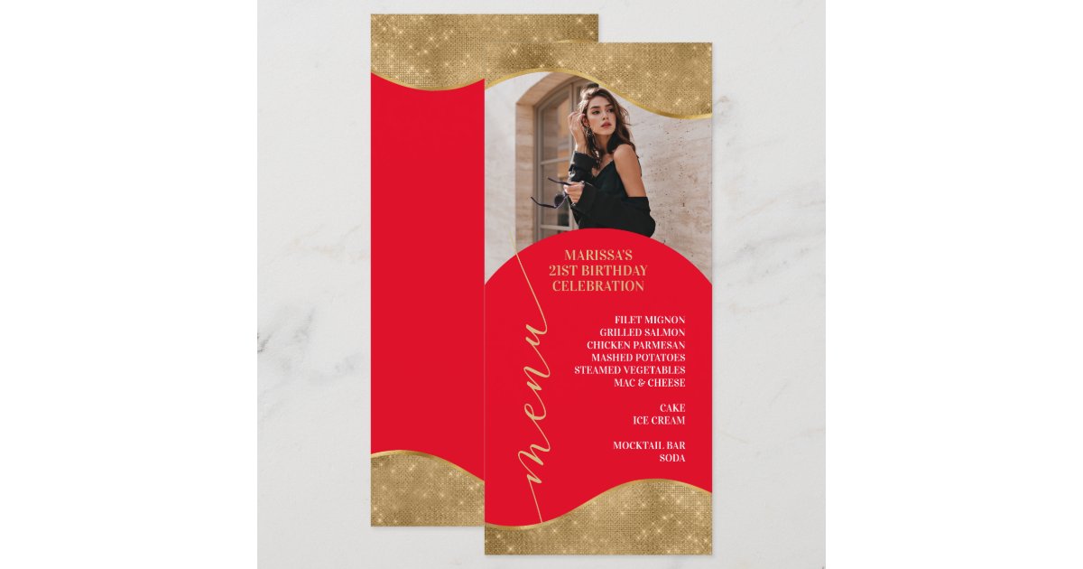 Elegant Red and Gold Menu Place Card with Photo | Zazzle