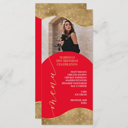 Elegant Red and Gold Menu Place Card with Photo
