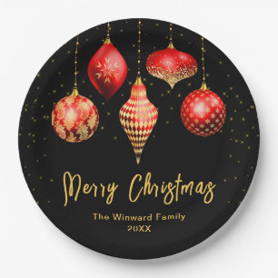 Elegant Red and Gold Ornament Christmas Paper Plates