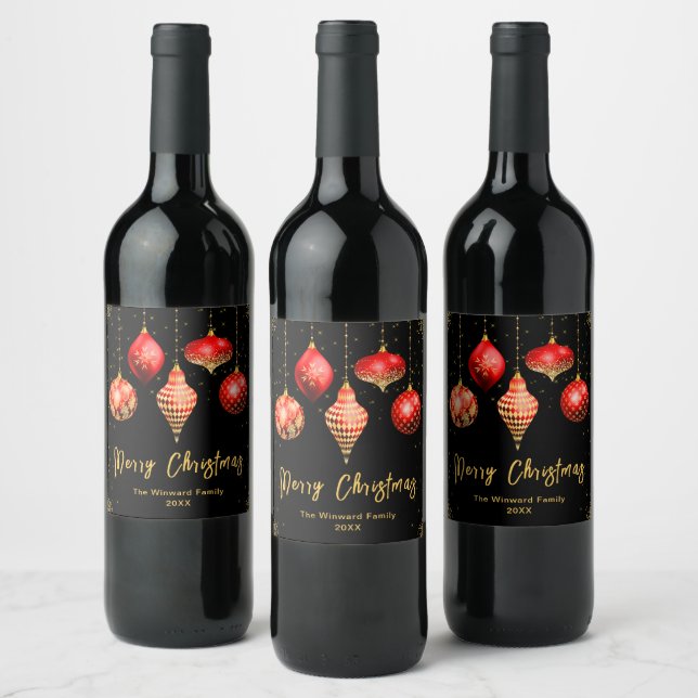 Elegant Red and Gold Ornament Christmas Wine Label (Bottles)
