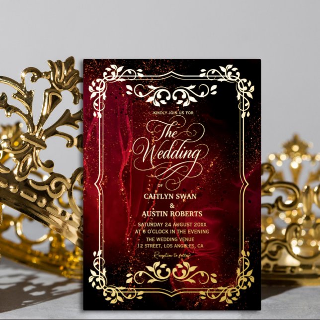 Elegant Red and Gold Ornate Wedding Foil Invitation (Real Gold Foil Elegant wedding invitation #royal #redandgold #decorative #luxuryinvitation)