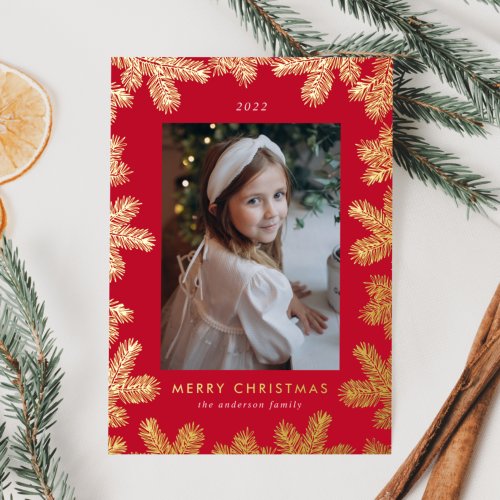 Elegant Red and Gold Pine Frame Photo Foil Holiday Card