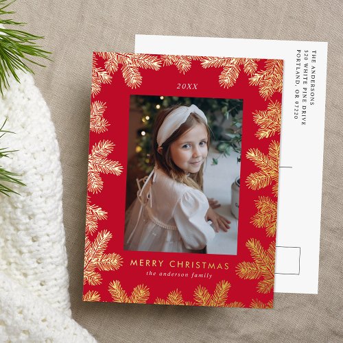Elegant Red and Gold Pine Frame Photo Foil Holiday Postcard