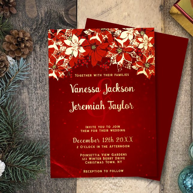 Elegant Red and Gold Poinsettia Wedding Foil Invitation (Creator Uploaded)