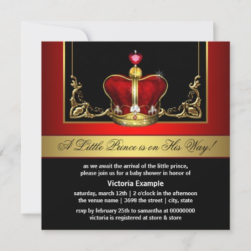 Elegant Red and Gold Prince Baby Shower Invitation