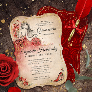 Elegant Red and Gold Princess Quinceanera Birthday Invitation