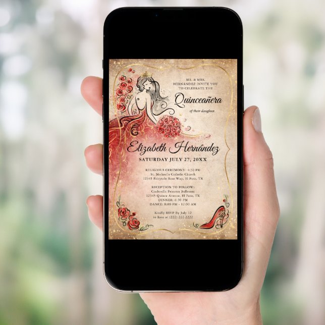 Elegant Red and Gold Princess Quinceanera Birthday Invitation (Front Digital)