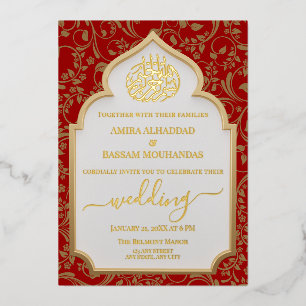 Elegant Red and Gold Real Foil Islamic Wedding Foil Invitation