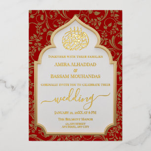 Elegant Red and Gold Real Foil Islamic Wedding Invitation