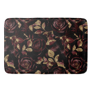 Elegant Red and Gold Rose Floral Pattern Bath Mat