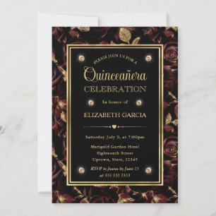 Elegant Red and Gold Rose Floral Quinceanera Invitation