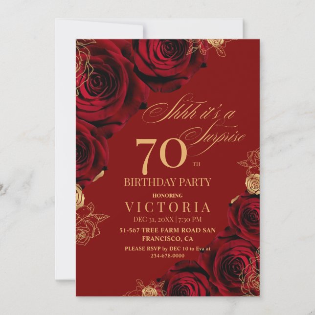 Elegant Red and Gold Roses 70th Birthday  Invitation (Front)