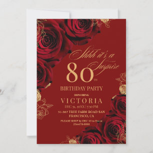 Elegant Red and Gold Roses 80th Birthday Invitation