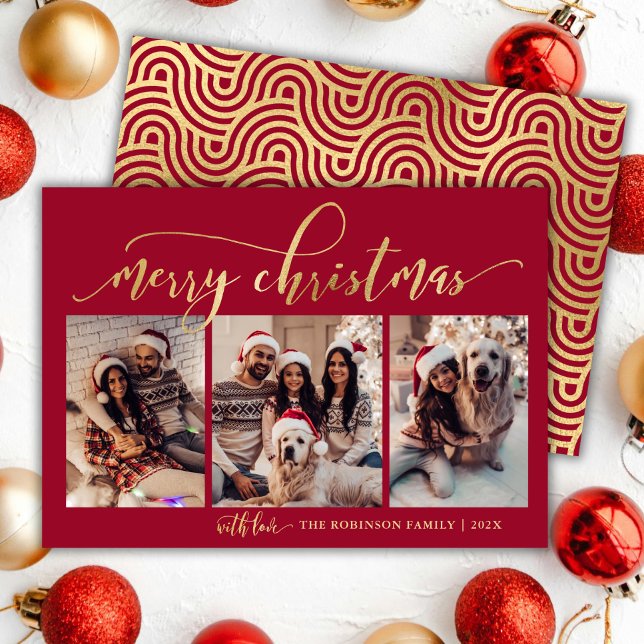 Elegant Red and Gold Script 3 photo Christmas  Holiday Card (Creator Uploaded)
