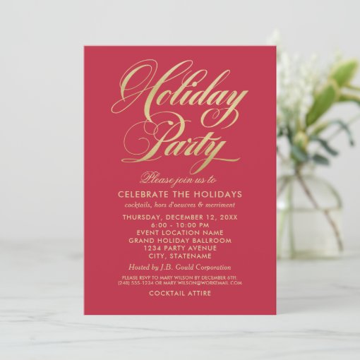 Elegant Red and Gold Script Holiday Party Invitation | Zazzle