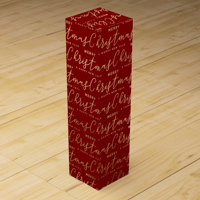 Elegant Red and Gold Script Merry Christmas Text Wine Box (Front)