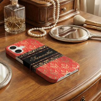 Elegant Red and Gold Shimmer Damask Custom Name iPhone 17 Case