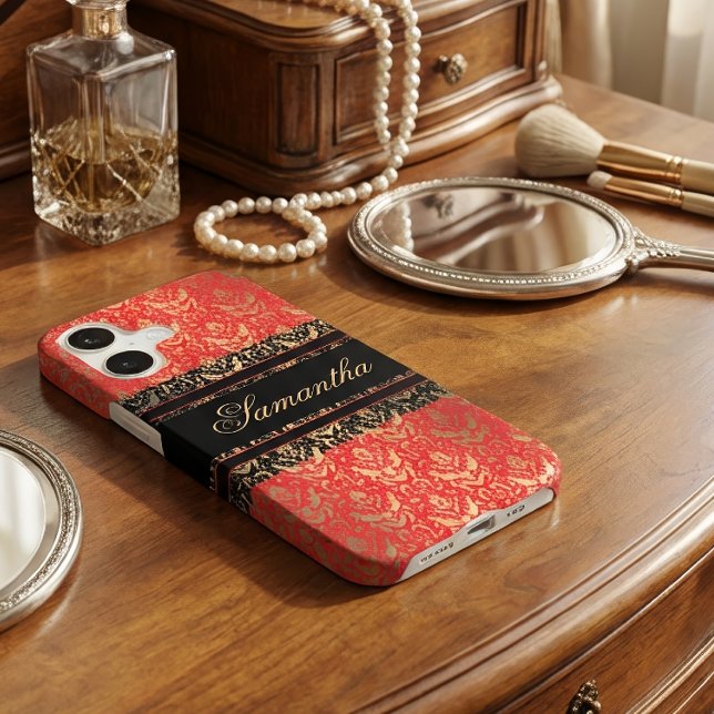 Elegant Red and Gold Shimmer Damask Custom Name Case-Mate iPhone Case (Creator Uploaded)