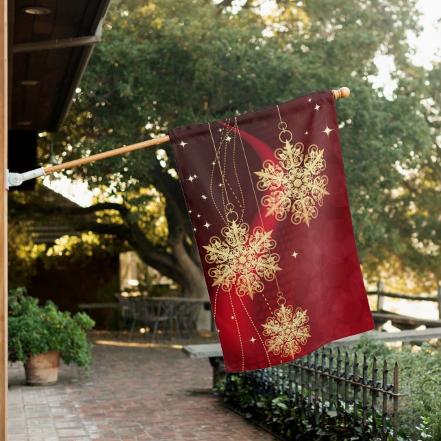 Elegant Red and Gold Snowflake Christmas  House Flag (In SItu)