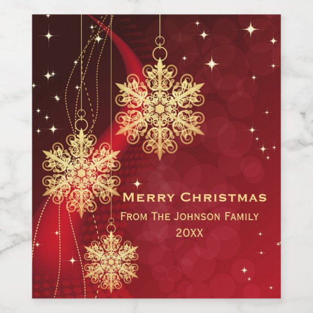 Elegant Red and Gold Snowflake Christmas Wine Label (Single Label)