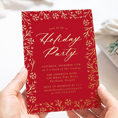 Elegant Red and Gold Snowflake Holiday Party Foil Invitation