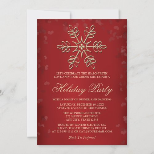 Elegant Red and Gold Snowflake Holiday Party Invitation