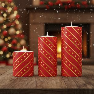 Elegant Red and Gold Stripe & Dots Christmas Pillar Candle