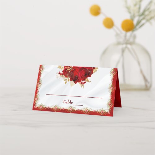 Elegant Red and Gold Wedding Roses Place Card