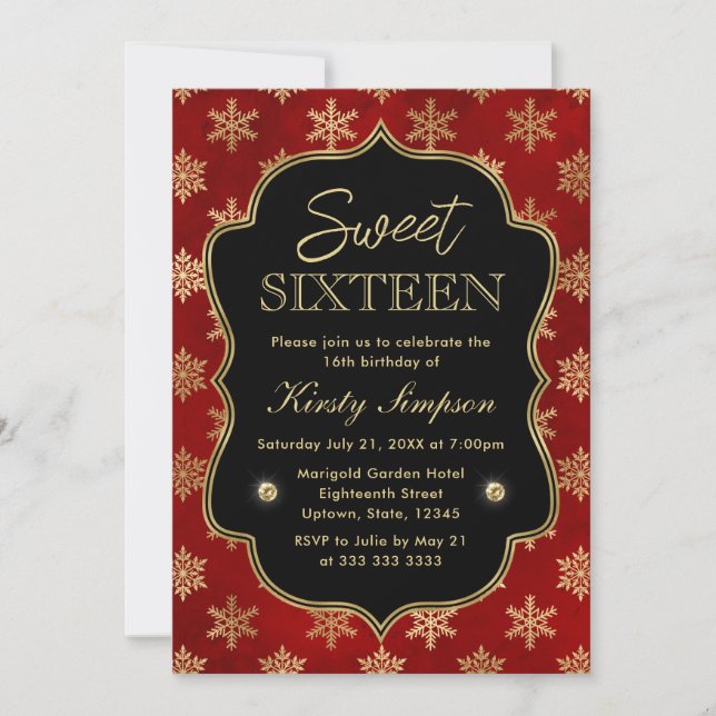 Elegant Red and Gold Winter Snowflakes Sweet 16 Invitation (Front)